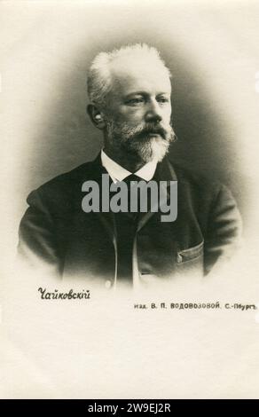 Pjotr Iljitsch Tschaikowski (* 7. Mai 1840 bis 6. November 1893) war ein russischer Komponist der Romantik. Alte Vintage-Postkarte des Russischen Reiches. 1889. Stockfoto