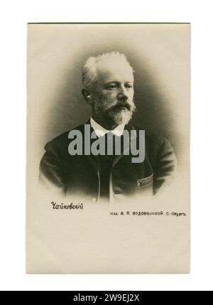 Pjotr Iljitsch Tschaikowski (* 7. Mai 1840 bis 6. November 1893) war ein russischer Komponist der Romantik. Alte Vintage-Postkarte des Russischen Reiches. 1889. Stockfoto