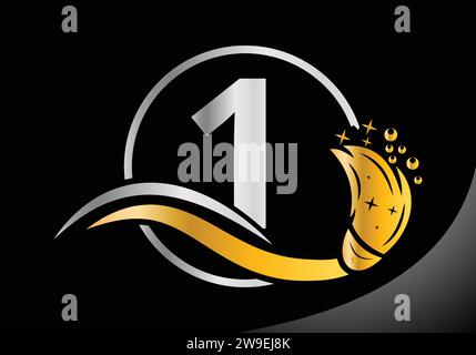 Letter 1 Reinigungslogo, Reinigungsbürste Logo Design Vector Template. Stock Vektor