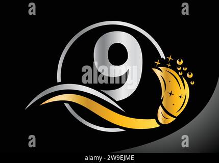 Letter 9 Reinigungslogo, Reinigungsbürste Logo Design Vector Template. Stock Vektor