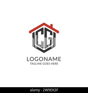 Initial Logo CG Monogramm mit Hauptdach sechseckförmigem Design, einfache und minimale Immobilienlogo Design Vektorgrafik Stock Vektor