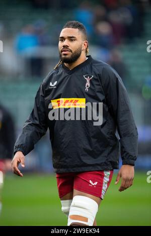 Harlequins Chandler Cunningham-South warm Up for the Bath Rugby vs Harlequins im Recreation Ground, Bath UK am Samstag, den 23. Dezember 2023. Foto Stockfoto