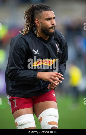 Harlequins Chandler Cunningham-South warm Up for the Bath Rugby vs Harlequins im Recreation Ground, Bath UK am Samstag, den 23. Dezember 2023. Foto Stockfoto