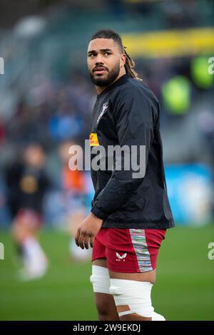 Harlequins Chandler Cunningham-South warm Up for the Bath Rugby vs Harlequins im Recreation Ground, Bath UK am Samstag, den 23. Dezember 2023. Foto Stockfoto