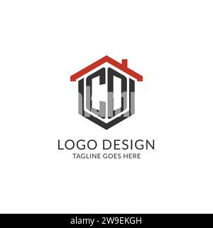 Erstes Logo CO-Monogramm mit sechseckförmigem Design des Hausdachs, einfache und minimale Immobilienlogo-Design-Vektorgrafik Stock Vektor