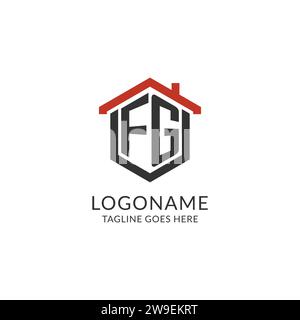 Initial Logo FG Monogramm mit Hauptdach sechseckförmigem Design, einfache und minimale Immobilienlogo Design Vektorgrafik Stock Vektor