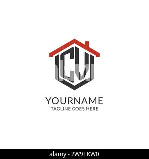 Initial Logo CV Monogramm mit Hauptdach sechseckförmigem Design, einfache und minimalistische Real Estate Logo Design Vektorgrafik Stock Vektor