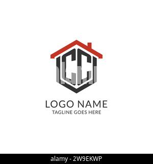 Ursprüngliches Logo CC Monogramm mit sechseckigem Design für das Hausdach, einfache und minimale Immobilienlogo-Design-Vektorgrafik Stock Vektor