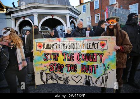 Demonstranten, einige tragen tierische Gesichtsmasken, stehen hinter einem Banner mit der Aufschrift: „Töten aus Vergnügen ist Ein abscheulicher Akt – stoppt die Grausamkeit, stoppt die Jagd während der Demonstration. Im Stadtzentrum von Bungay wurde Protest gegen Tierquälerei abgehalten, als die Waveney und Norfolk Harriers durch die Straßen ziehen und die Landsleute unterstützen. Die Demonstranten sagten, dass trotz ihres Verbots der traditionellen Fuchsjagd Tiere immer noch während der Wanderjagd getötet werden und sie fordern ein totales Verbot. Stockfoto