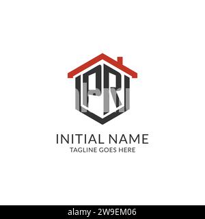 Initial Logo PR Monogramm mit Hauptdach sechseckförmigem Design, einfache und minimalistische Real Estate Logo Design Vektorgrafik Stock Vektor