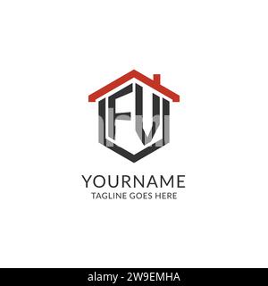 Initial Logo FV Monogramm mit Hauptdach sechseckförmigem Design, einfache und minimale Immobilienlogo Design Vektorgrafik Stock Vektor