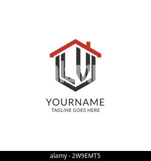 Initial Logo LV Monogramm mit Home-Dach-sechseckförmigem Design, einfache und minimalistische Real Estate Logo Design Vektorgrafik Stock Vektor