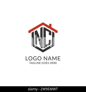 Initial Logo NC Monogramm mit Hauptdach sechseckförmigem Design, einfache und minimalistische Real Estate Logo Design Vektorgrafik Stock Vektor