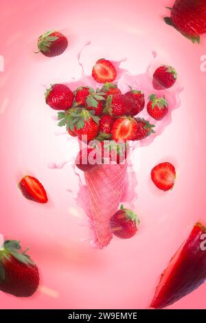 Eisbecher mit Erdbeere auf rosa Hintergrund. Stockfoto
