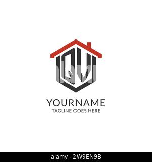 Initial Logo QV Monogramm mit Hauptdach sechseckförmigem Design, einfache und minimale Immobilienlogo Design Vektorgrafik Stock Vektor