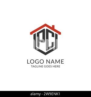 Ursprüngliches Logo PC-Monogramm mit sechseckförmigem Design des Hausdachs, einfache und minimale Immobilienlogo-Design-Vektorgrafik Stock Vektor