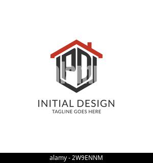 Initial Logo PD Monogramm mit Hauptdach sechseckförmigem Design, einfache und minimalistische Real Estate Logo Design Vektorgrafik Stock Vektor