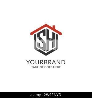 Initial Logo SH Monogramm mit Hauptdach sechseckförmigem Design, einfache und minimalistische Real Estate Logo Design Vektorgrafik Stock Vektor