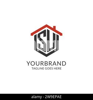 Erstes Logo SU Monogramm mit sechseckförmigem Design des Hausdachs, einfache und minimale Immobilienlogo-Design-Vektorgrafik Stock Vektor