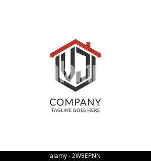 Initial Logo VJ Monogramm mit Hauptdach sechseckförmigem Design, einfache und minimalistische Real Estate Logo Design Vektorgrafik Stock Vektor