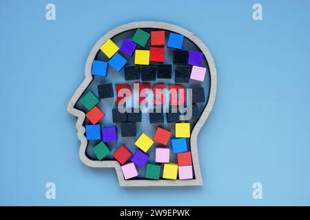 Kopfkontur mit farbigen Würfeln und Inschrift PTBS posttraumatische Belastungsstörung. Stockfoto