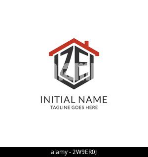 Initial Logo ZE Monogramm mit Hauptdach sechseckförmigem Design, einfache und minimalistische Real Estate Logo Design Vektorgrafik Stock Vektor