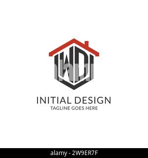 Initial Logo WD Monogramm mit Hauptdach sechseckförmigem Design, einfache und minimalistische Real Estate Logo Design Vektorgrafik Stock Vektor