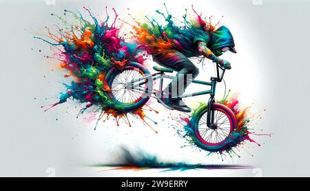 BMX-Kultur mit einem Fahrrad mitten in der Luft, umgeben von einer lebhaften Explosion von bunten Tintenspritzern, die einen künstlerischen und coolen Graffiti-Stil zeigt Stockfoto