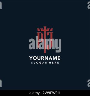 PJ Initial Monogramm-Logos mit Design-Ideen für Schwert- und Schildform Stock Vektor