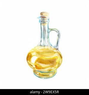 Flasche Öl. Oliven, Sonnenblumen. Aquarellabbildung isoliert auf weißem Hintergrund. Lebensmitteletiketten, Verpackungen, Broschüren, Speisekarten, Kosmetikprodukte. Stockfoto