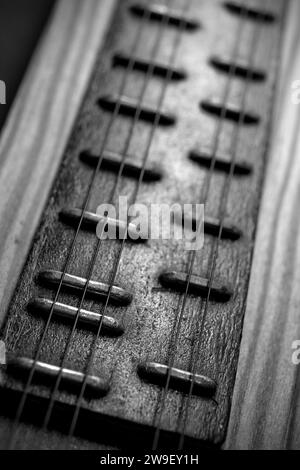 Detail des Zither (Musikinstrument) Griffbretts, Bünde und Streicher Osteuropäisches Vintage-Instrument in Schwarz und weiß Stockfoto