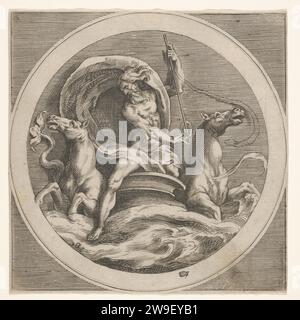 Neptun erhebt sich aus dem Meer und trägt einen Stab, begleitet von zwei Pferdeköpfen Meeresbewohner, Rückkopie nach einer Reihe von Stichen von Cherubino Alberti von mythologischen Szenen nach Polidoro da Caravaggio 2012 von Anonymous Stockfoto