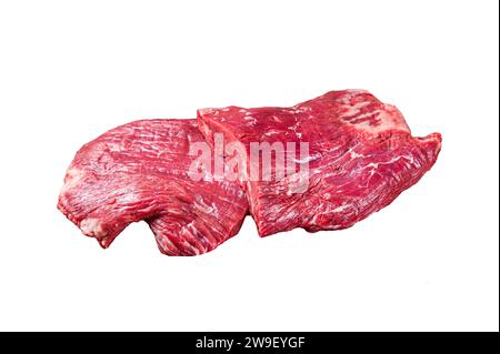 Flank Raw Beef Steaks isoliert auf weißem Hintergrund, Draufsicht Stockfoto