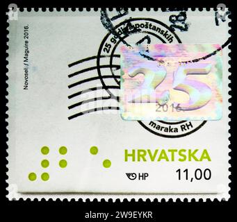 MOSKAU, RUSSLAND - 17. DEZEMBER 2023: In Kroatien gedruckte Briefmarke zeigt 25. Jahrestag der kroatischen Briefmarken, Briefmarkentag-Serie, um 2016 Stockfoto