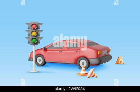 3D-Limousine mit Kegeln und Ampeln Stock Vektor