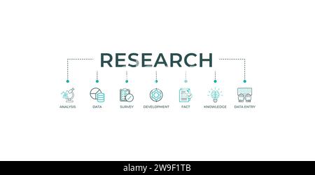 Forschungsbanner Web-Symbol-Vektor-Illustration Konzept mit Symbol für Analyse, Daten, Umfrage, Entwicklung, Fakt, Wissen und Dateneingabe. Stock Vektor