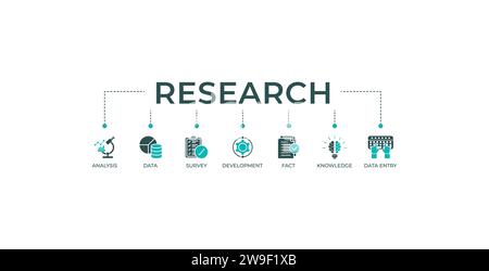 Forschungsbanner Web-Symbol-Vektor-Illustration Konzept mit Symbol für Analyse, Daten, Umfrage, Entwicklung, Fakt, Wissen und Dateneingabe. Stock Vektor