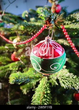 Schöne rote und grüne Kugel in einem Weihnachtsbaum. Stockfoto