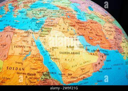 Dreidimensionales Bild eines Teils der Erde, in dem der nahe Osten angezeigt wird. Stockfoto