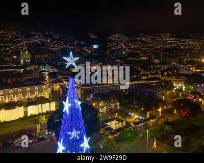 Ein Baum mit Silhouette steht auf einem Gebäude, während ein Stern am Nachthimmel funkelt: Madeira, Funchal an Weihnachten in der Nacht Stockfoto