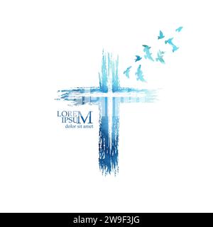 Blaues Kreuz religiös mit Vögeln. Frohe ostern. Handzeichnung. Nicht AI. Vektorabbildung. Stock Vektor