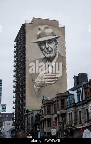 Porträt von Leonard Cohen in der Crescent Street in der Innenstadt von Montreal, Quebec, Kanada Stockfoto