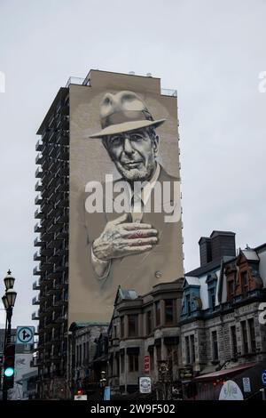 Porträt von Leonard Cohen in der Crescent Street in der Innenstadt von Montreal, Quebec, Kanada Stockfoto