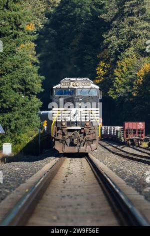 Skykomish, WA, USA – 29. September 2023; Norfolk Southern Lokomotive wartet im frühen Herbst im Bundesstaat Washington auf der Strecke Stockfoto