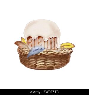 Ostern in Aquarellen. Korb, Osterkuchen, Federn. Sieht gut aus auf Stickern, Küchentextilien, Grußkarten, Paket, Geschenkpapier. Stockfoto