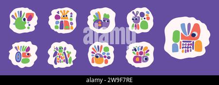 Schlichte Kollektion mit Illustrationen aus Kreaturen und Blättern im auffälligen Stil für Kinder mit lustigem Grafikdesign. Skurrile bunte Vektorzeichnung im fröhlichen Folklore-Stil Stock Vektor