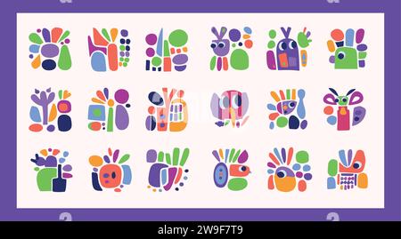 Schlichte Kollektion mit Illustrationen aus Kreaturen und Blättern im auffälligen Stil für Kinder mit lustigem Grafikdesign. Skurrile bunte Vektorzeichnung im fröhlichen Folklore-Stil Stock Vektor