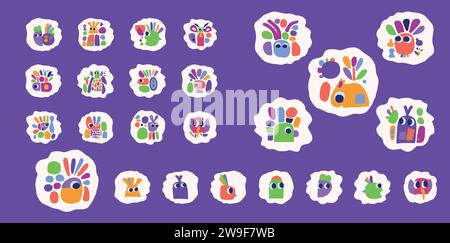 Schlichte Kollektion mit Illustrationen aus Kreaturen und Blättern im auffälligen Stil für Kinder mit lustigem Grafikdesign. Skurrile bunte Vektorzeichnung im fröhlichen Folklore-Stil Stock Vektor