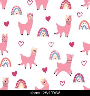 Süßes Muster mit Lamas, Kakteen, Alpen, Traumfänger, Regenbogen und Herzen. Kinderzimmerdesign, bedruckte Stoffe, Tapeten, Verpackung Stock Vektor
