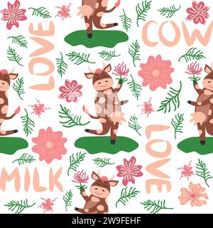 Tanzende Kuh auf der Wiese süßes nahtloses Muster, Spritzer Milch und die Inschrift Milch, Kuh, Liebe. Flaches Design für Textil- und Verpackungsdesign Stock Vektor